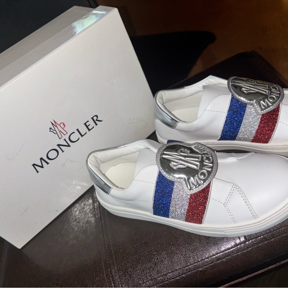 Moncler White Sneakers with Glitter Stripes